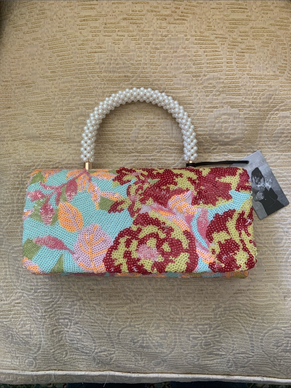 S J SEQUINED FLORAL PURSE W PEARL HANDLE & CHAIN
